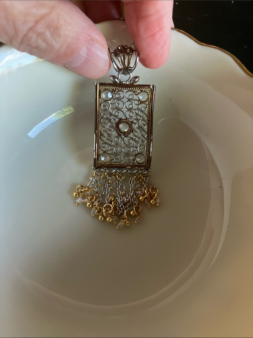 Gold and Silver Filigree Pendant Necklace with Pearl Accents